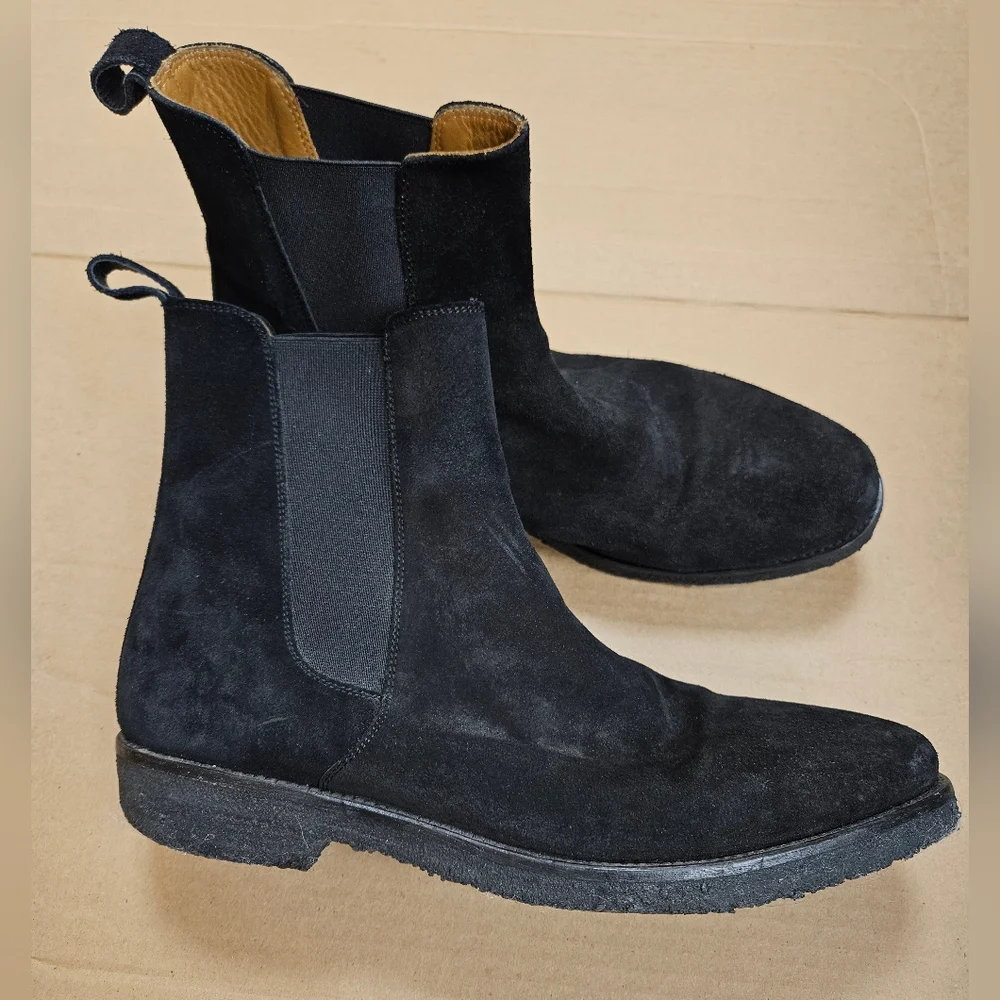 ORO Los Angeles The Alicante Crepe Calf Suede Leather Chelsea Boots Black Sz 10